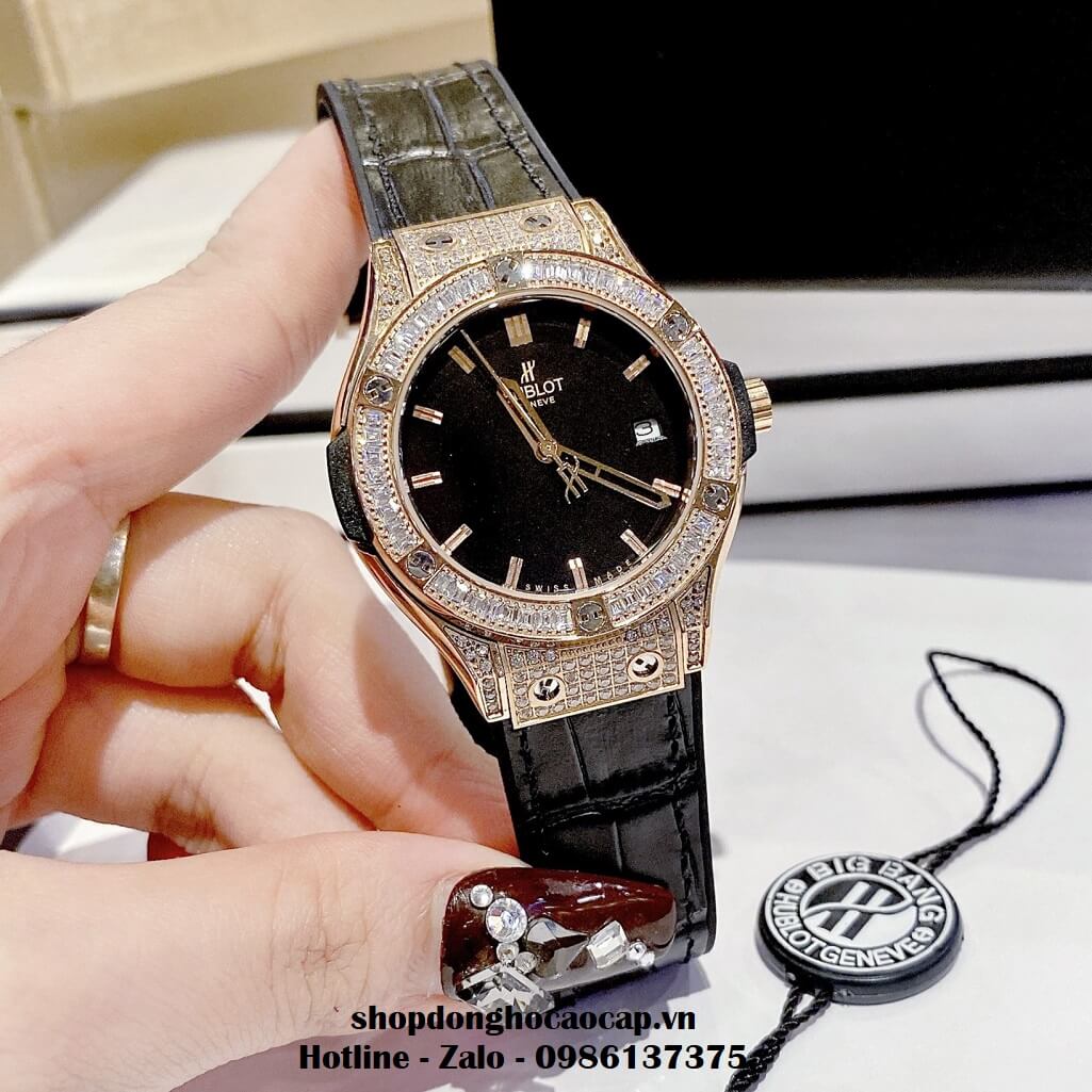 Đồng Hồ Hublot Classic Fusion Nữ Dây Da Silicon Đen Vỏ Vàng 34mm Đính Đá