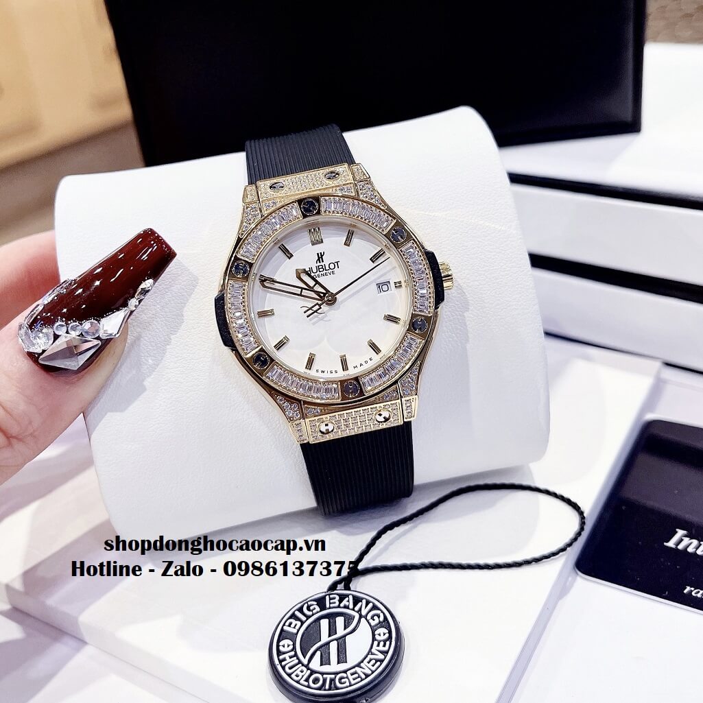 Đồng Hồ Hublot Classic Fusion Nữ Dây Silicon Đen Mặt Trắng Gold 34mm Đính Đá