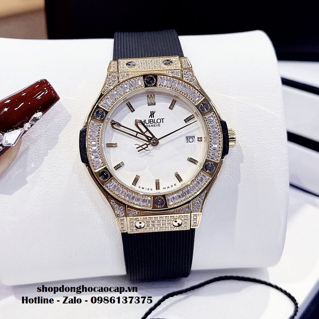 Đồng Hồ Hublot Classic Fusion Nữ Dây Silicon Đen Mặt Trắng Gold 34mm Đính Đá