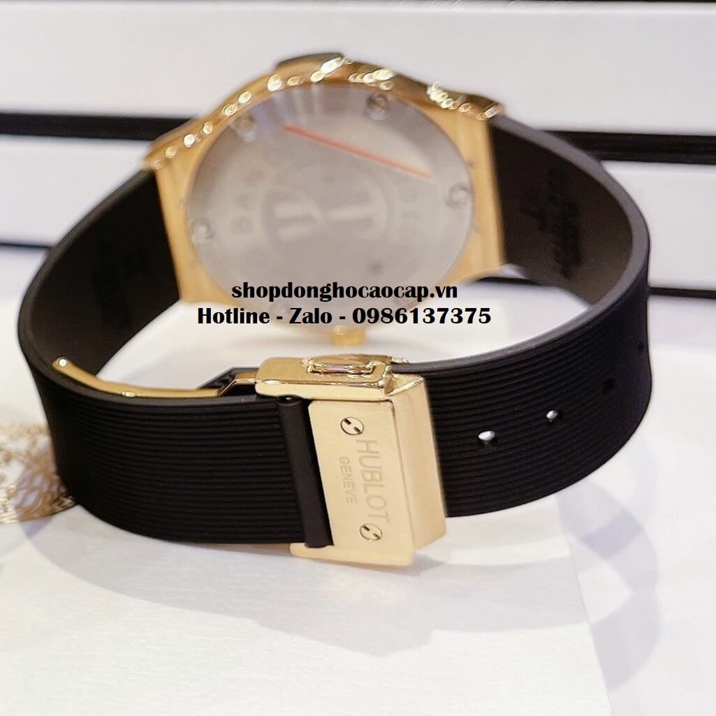 Đồng Hồ Hublot Classic Fusion Nữ Dây Silicon Đen Mặt Trắng Gold 34mm Đính Đá