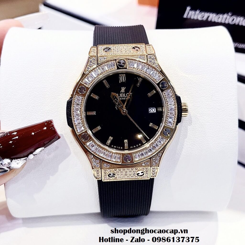 Đồng Hồ Hublot Classic Fusion Nữ Dây Silicon Đen Gold 34mm Đính Đá