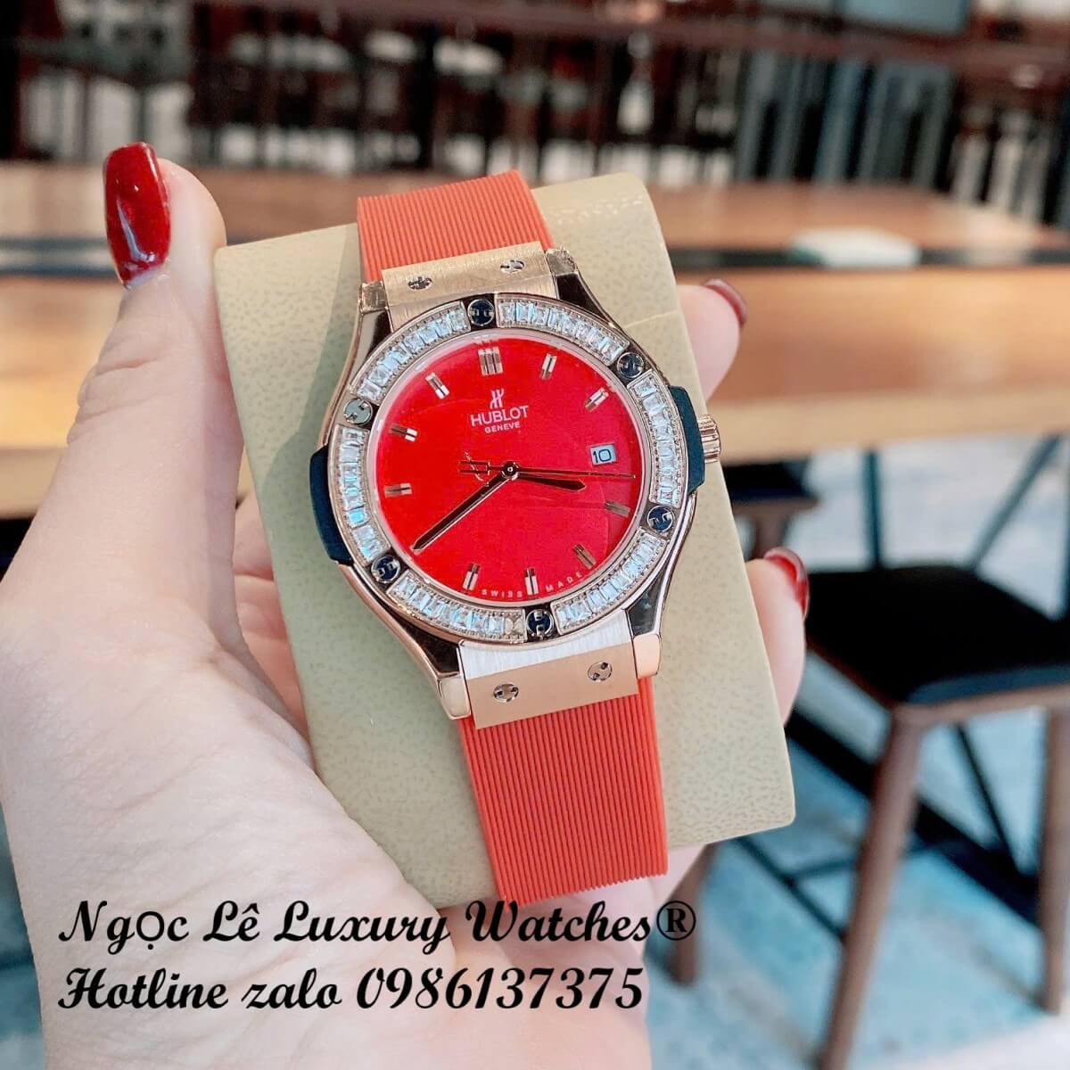 Đồng Hồ Hublot Classic Fusion Nữ Dây Cao Su Đỏ Vỏ Rose Viền Đá Size 34mm - Quartz