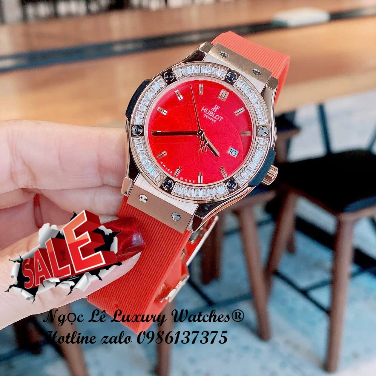 Đồng Hồ Hublot Classic Fusion Nữ Dây Cao Su Đỏ Vỏ Rose Viền Đá Size 34mm - Quartz