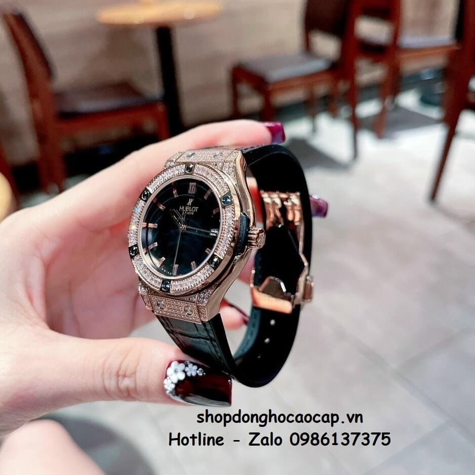 Đồng Hồ Hublot Classic Fusion Dây Da Silicon Đen Đính Đá Rose