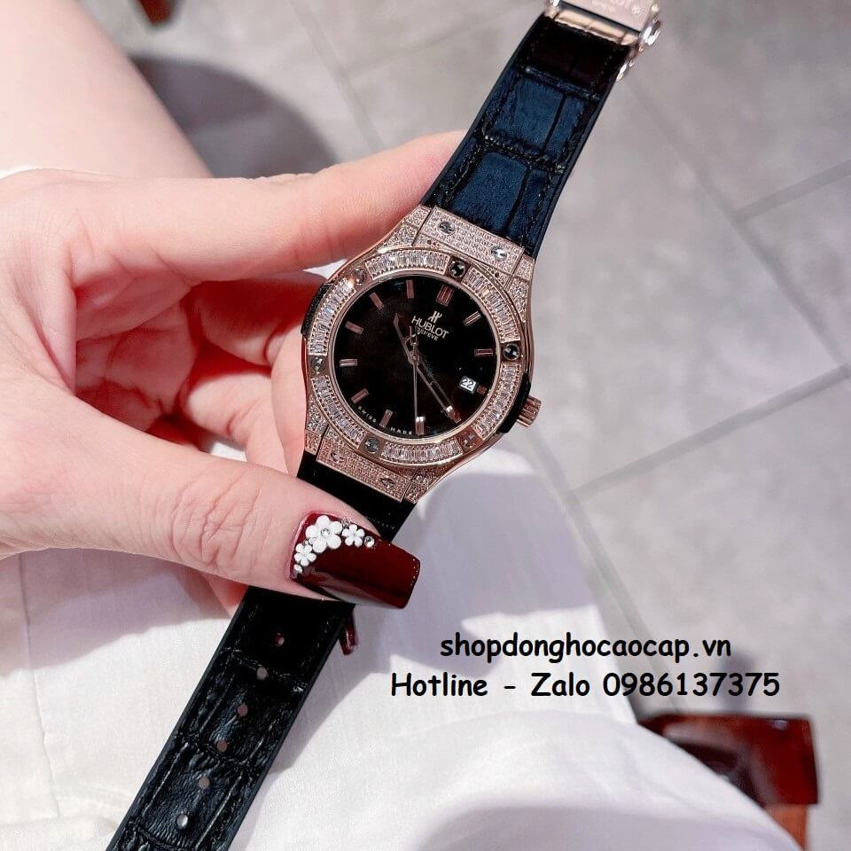 Đồng Hồ Hublot Classic Fusion Dây Da Silicon Đen Đính Đá Rose