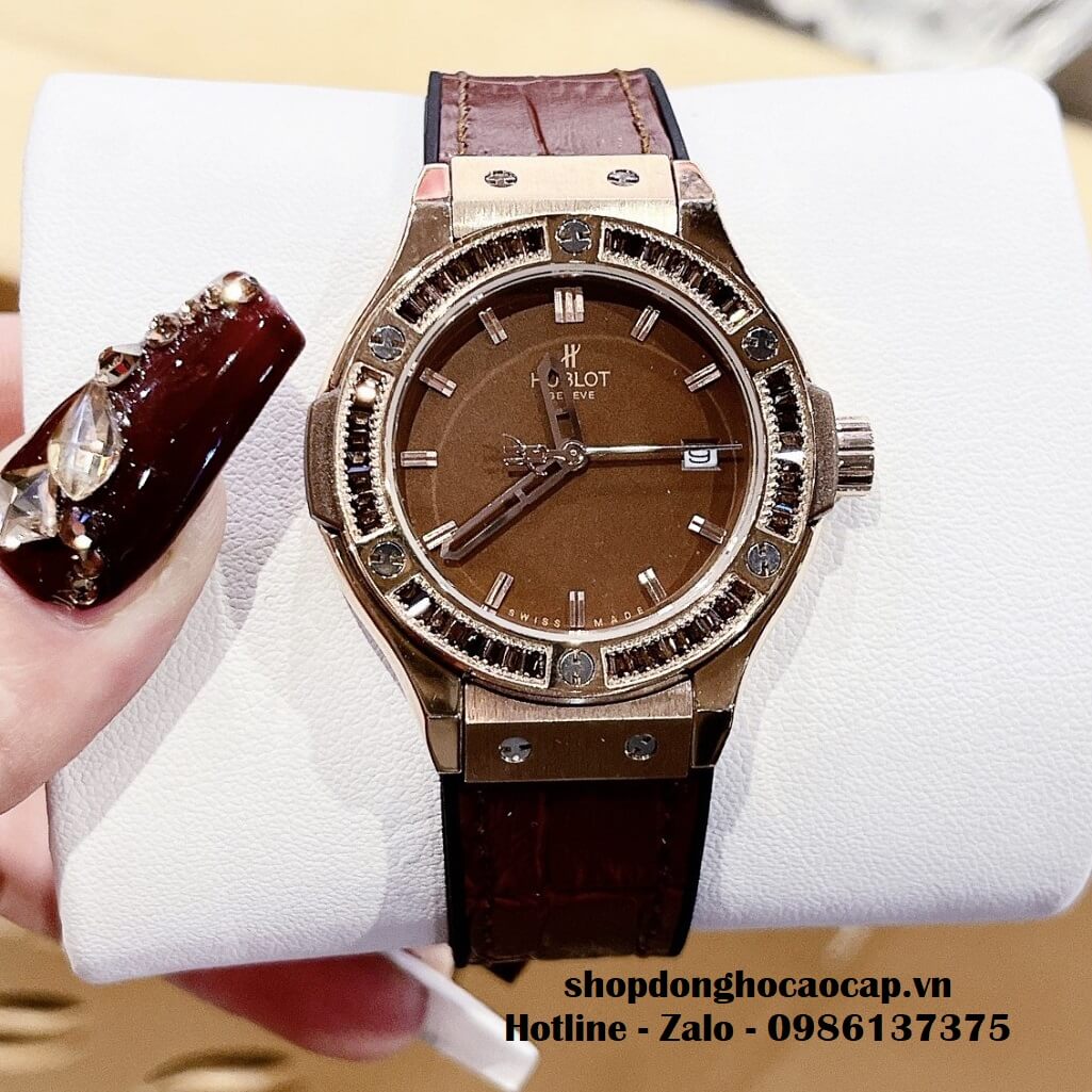 Đồng Hồ Hublot Classic Fusion Nữ Dây Da Nâu Đính Đá Nâu 34mm