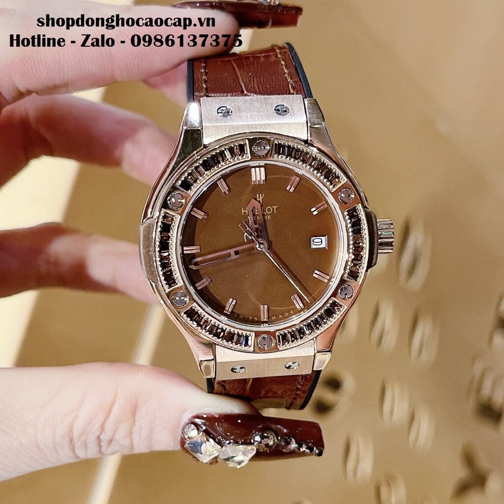 Đồng Hồ Hublot Classic Fusion Nữ Dây Da Nâu Đính Đá Nâu 34mm