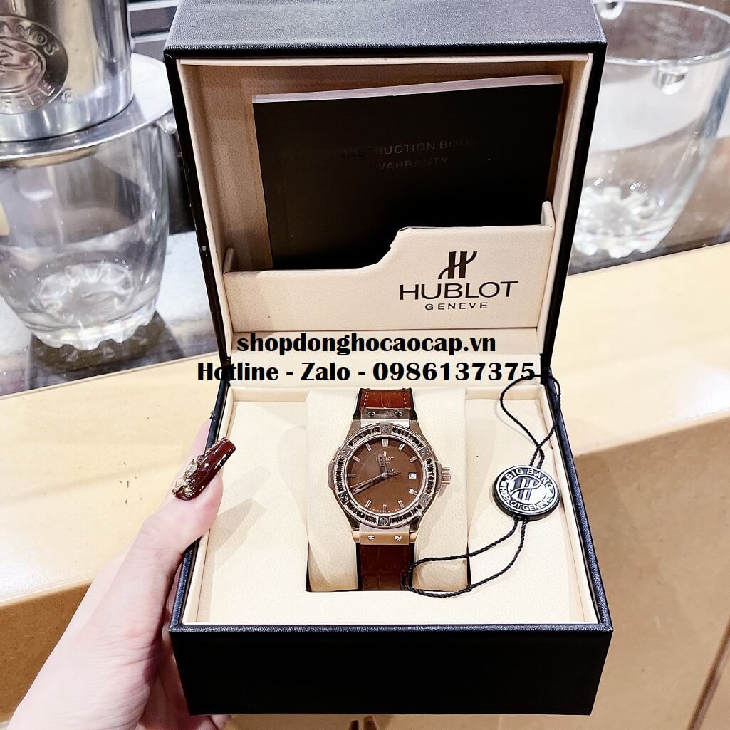 Đồng Hồ Hublot Classic Fusion Nữ Dây Da Nâu Đính Đá Nâu 34mm