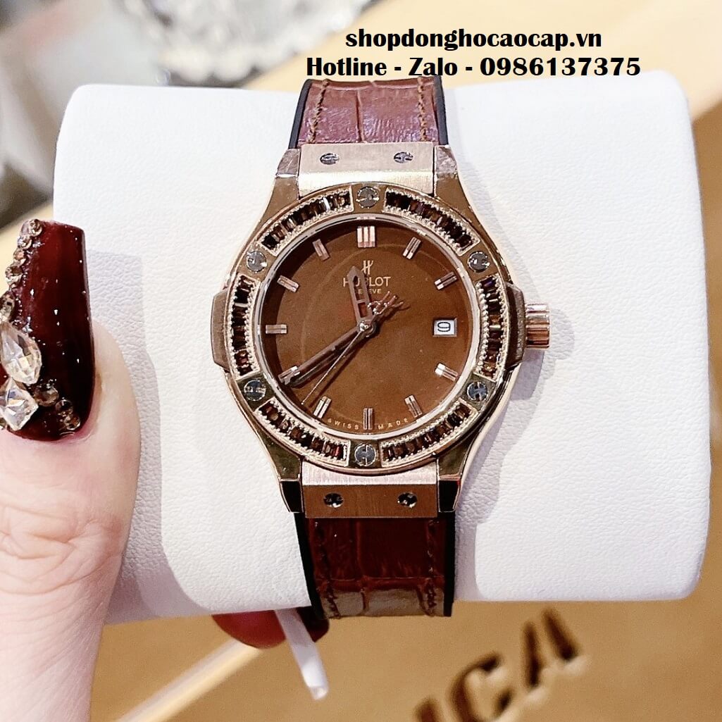 Đồng Hồ Hublot Classic Fusion Nữ Dây Da Nâu Đính Đá Nâu 34mm