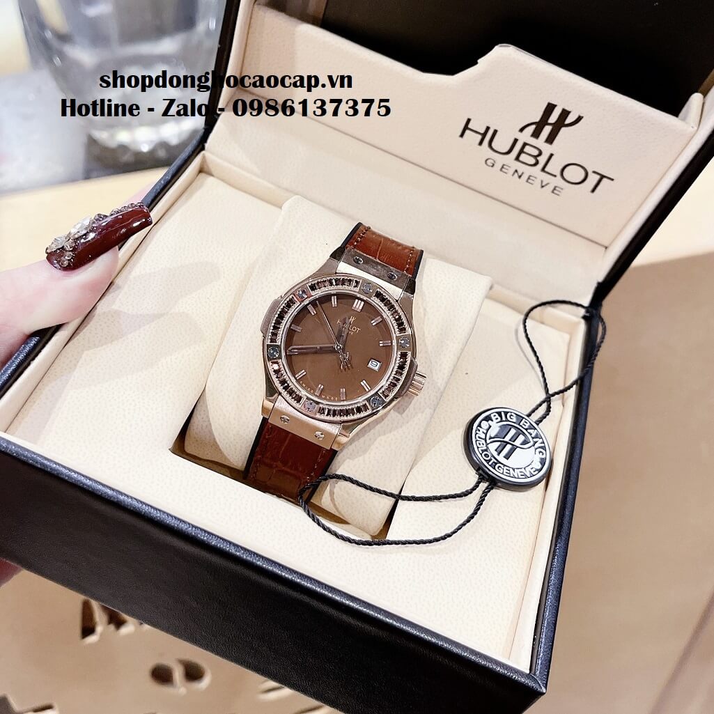 Đồng Hồ Hublot Classic Fusion Nữ Dây Da Nâu Đính Đá Nâu 34mm