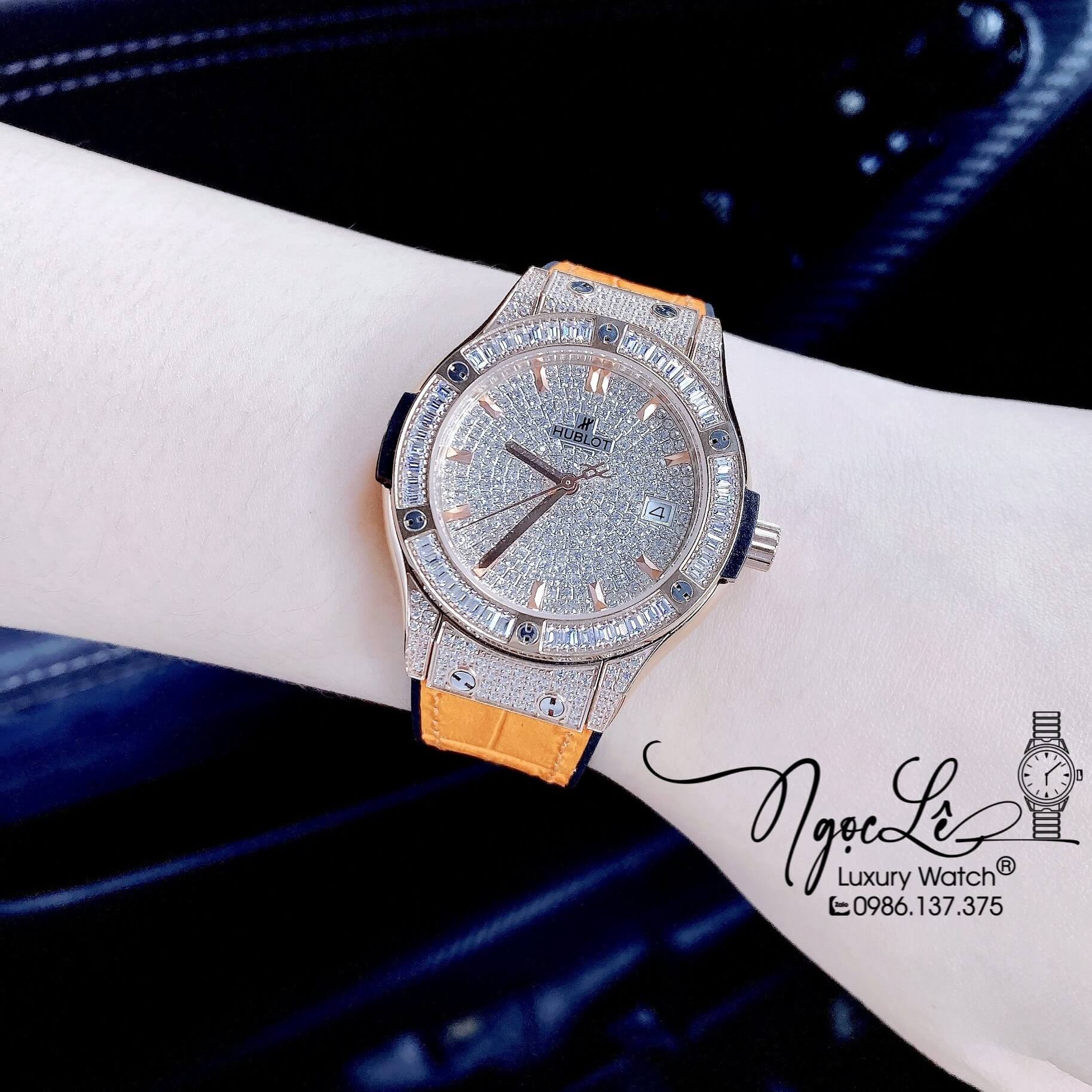 Đồng Hồ Hublot Classic Fusion Nữ Dây Da Silicon Cam Đính Đá Rose Size 34mm