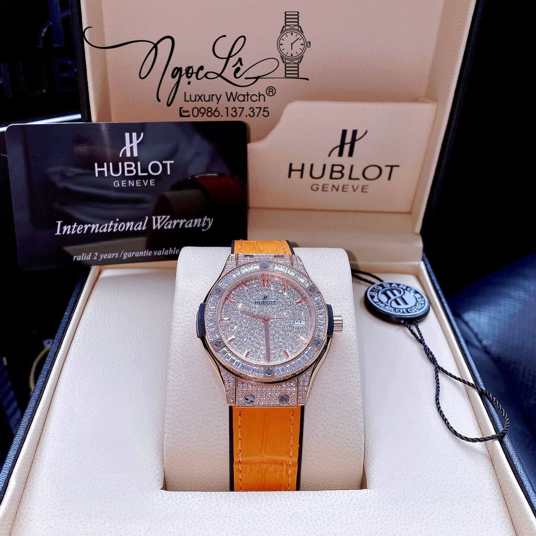 Đồng Hồ Hublot Classic Fusion Nữ Dây Da Silicon Cam Đính Đá Rose Size 34mm