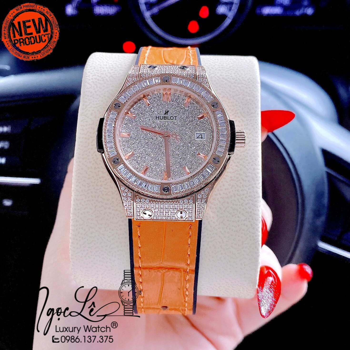 Đồng Hồ Hublot Classic Fusion Nữ Dây Da Silicon Cam Đính Đá Rose Size 34mm