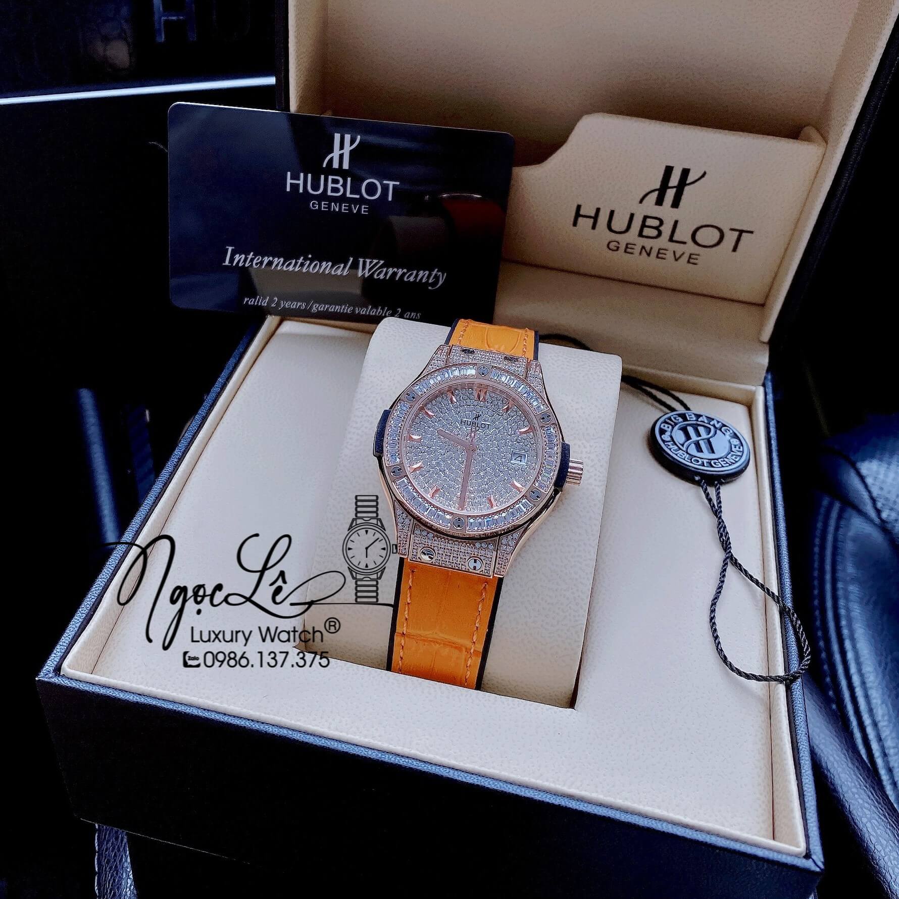 Đồng Hồ Hublot Classic Fusion Nữ Dây Da Silicon Cam Đính Đá Rose Size 34mm