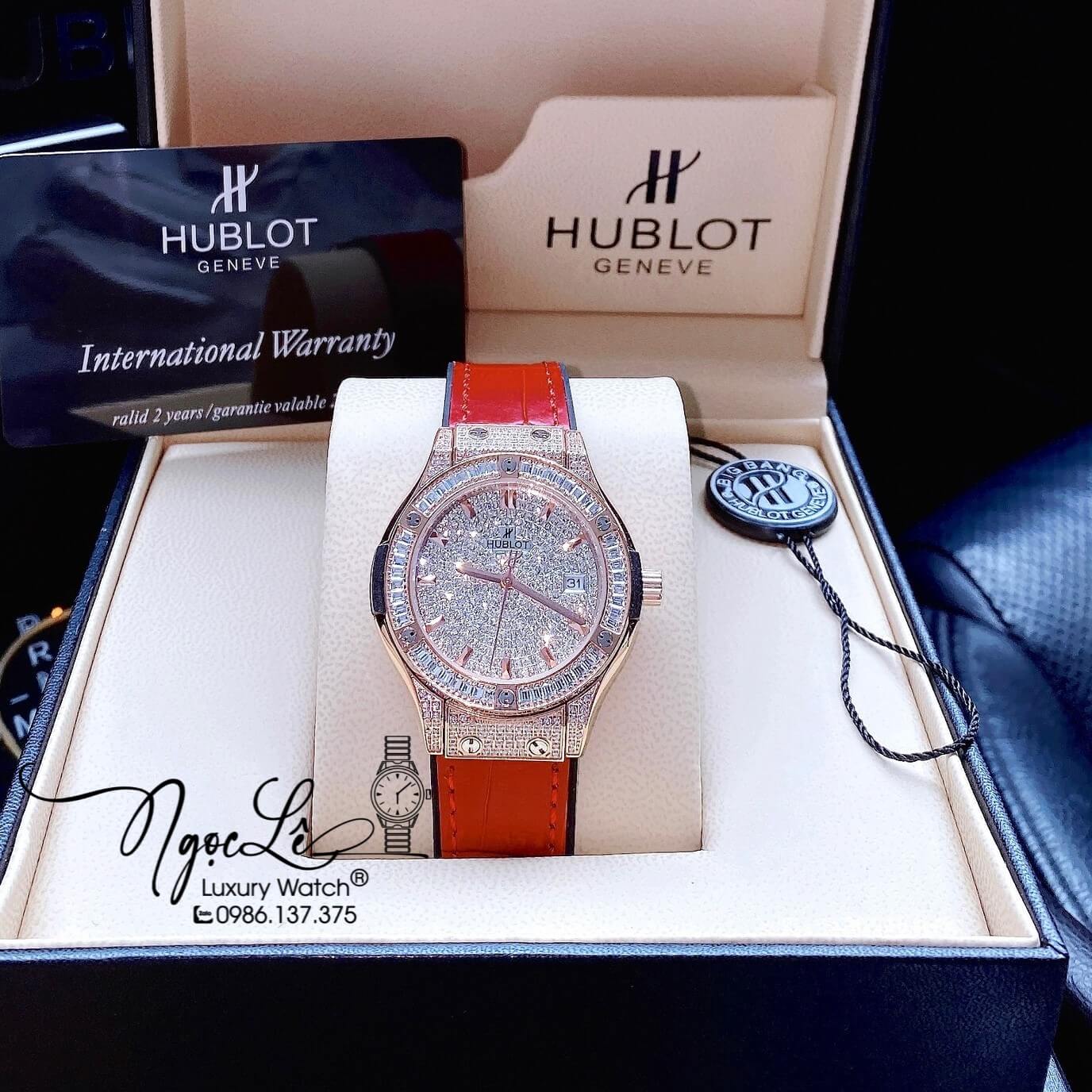 Đồng Hồ Hublot Classic Fusion Nữ Dây Da Silicon Đỏ Đính Đá Rose Size 34mm