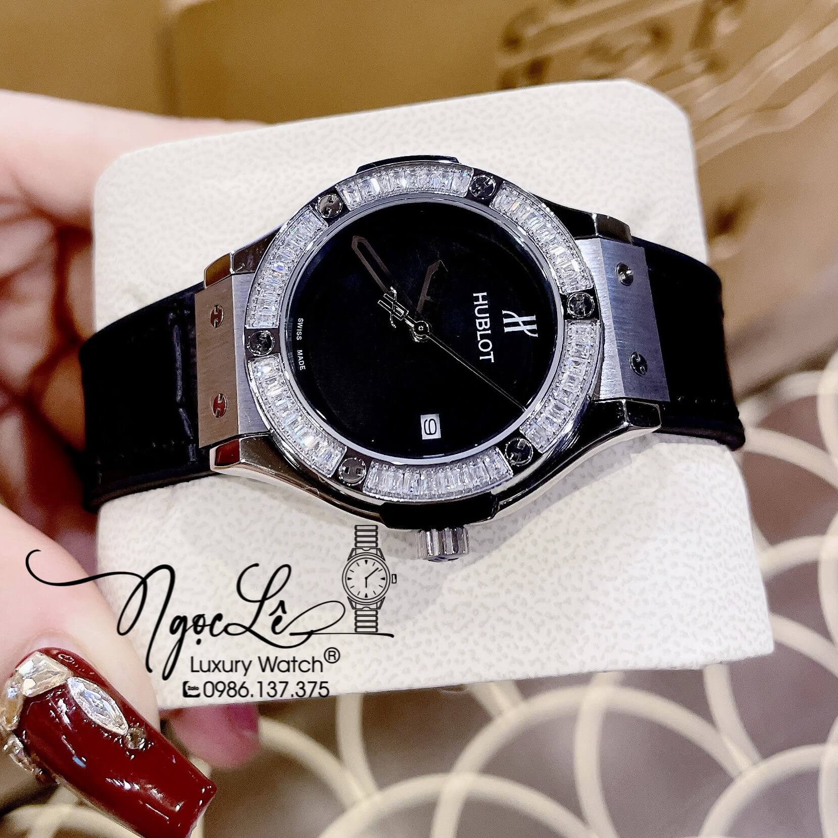 Đồng Hồ Hublot Classic Fusion Nữ Dây Silicon Đen Đính Đá Silver Size 34mm