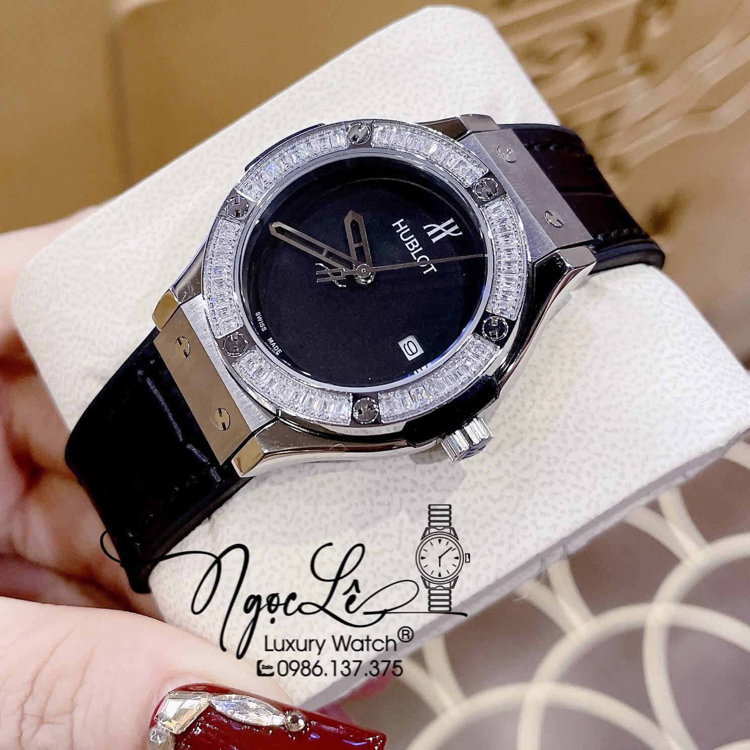 Đồng Hồ Hublot Classic Fusion Nữ Dây Silicon Đen Đính Đá Silver Size 34mm