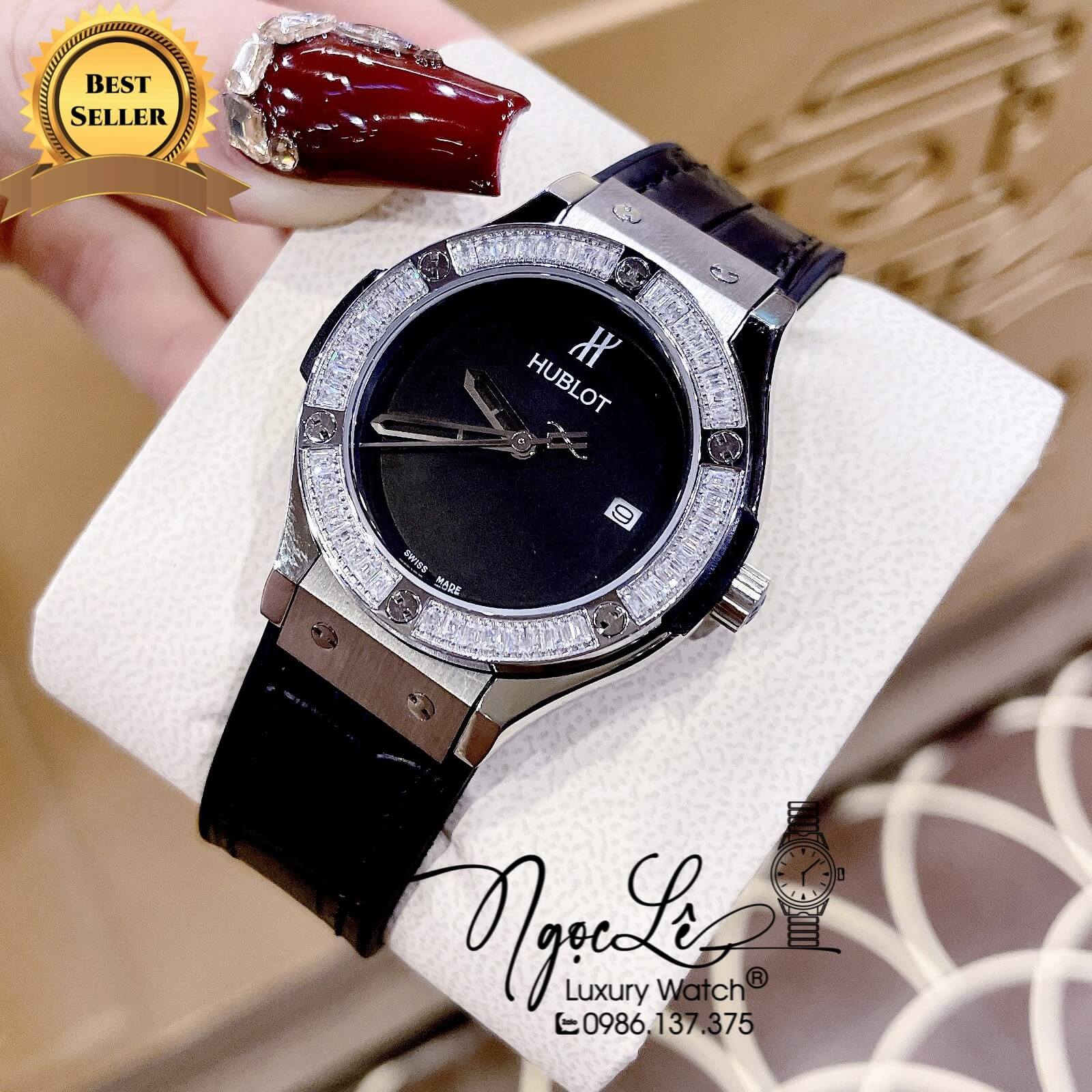 Đồng Hồ Hublot Classic Fusion Nữ Dây Silicon Đen Đính Đá Silver Size 34mm
