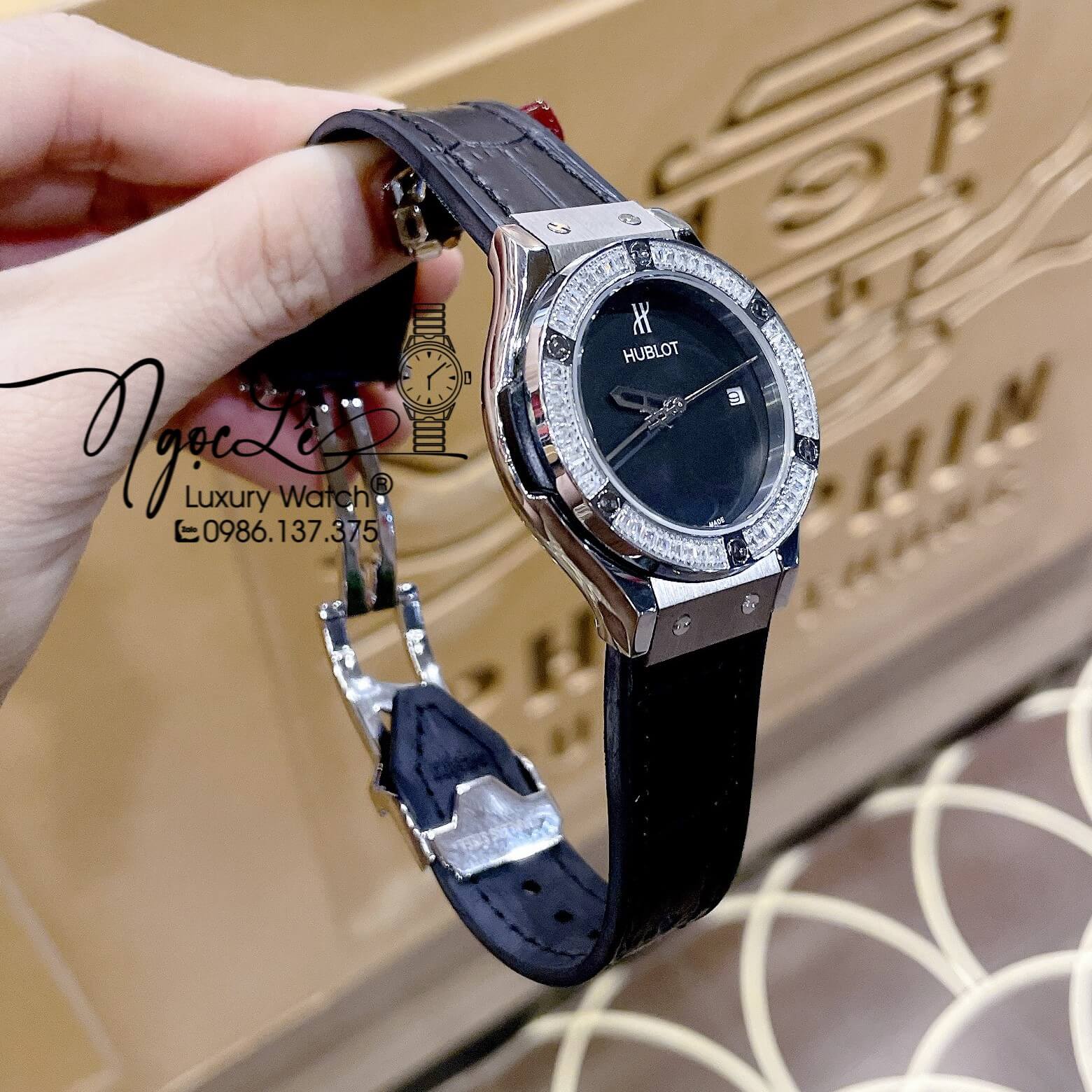 Đồng Hồ Hublot Classic Fusion Nữ Dây Silicon Đen Đính Đá Silver Size 34mm
