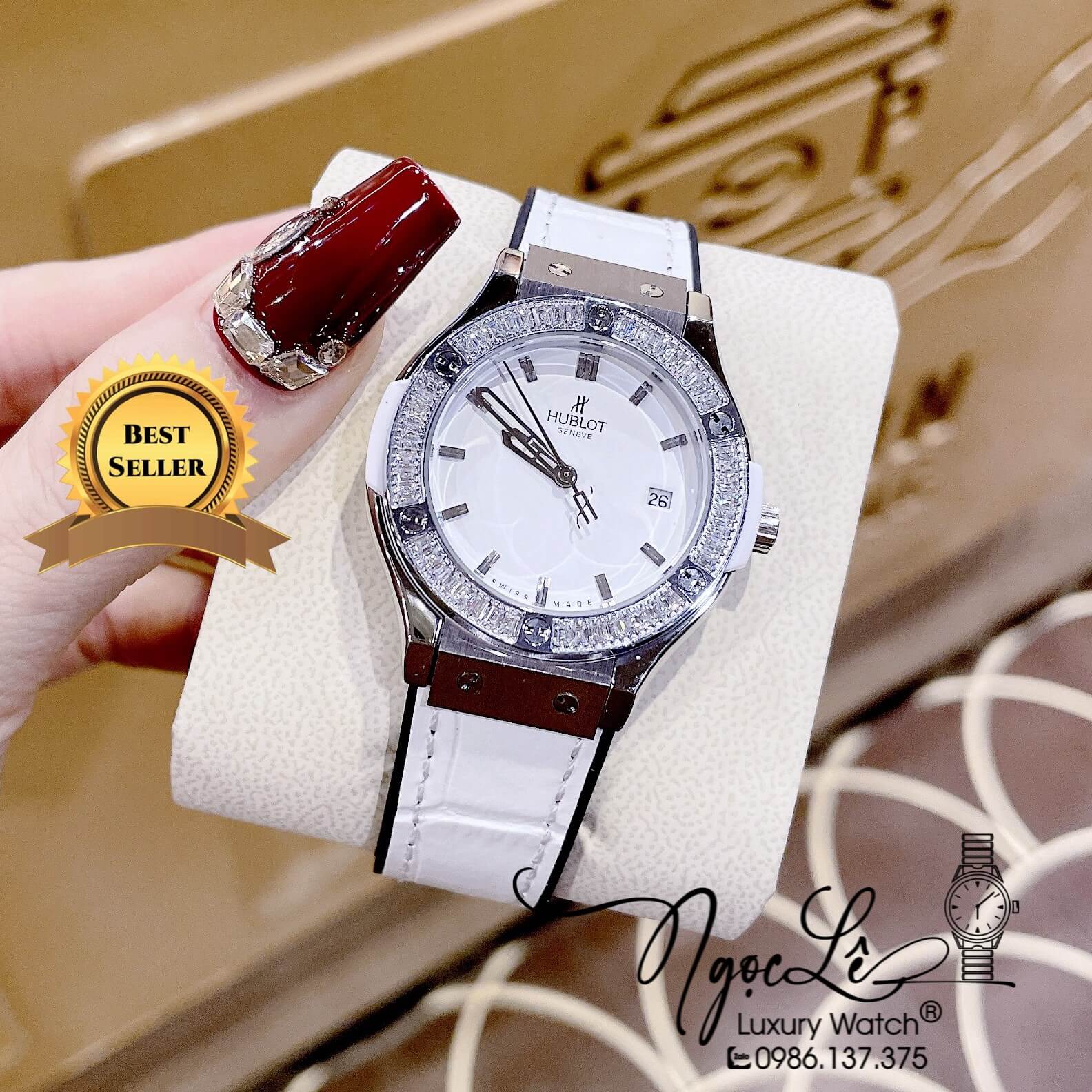 Đồng Hồ Hublot Classic Fusion Nữ Dây Silicon Trắng Đính Đá Silver Size 34mm