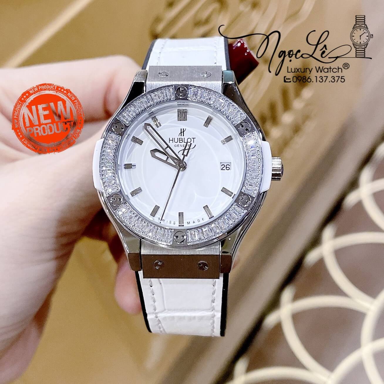 Đồng Hồ Hublot Classic Fusion Nữ Dây Silicon Trắng Đính Đá Silver Size 34mm