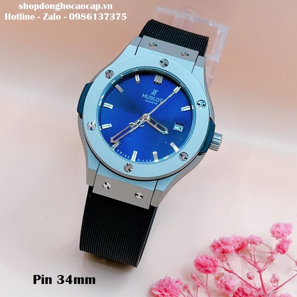 Đồng Hồ Hublot Classic Fusion Nữ Silicon Đen Mặt Xanh 34mm Vỏ Trơn