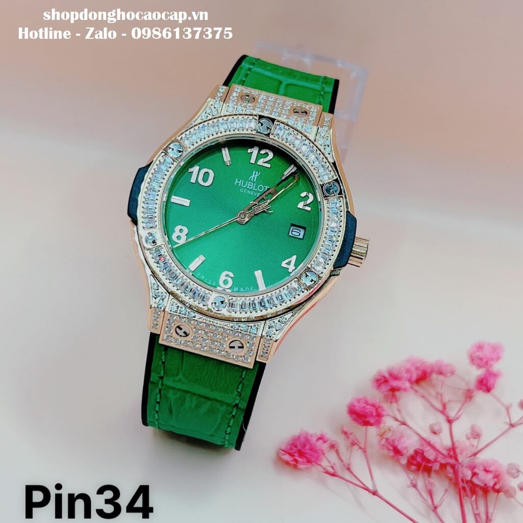 Đồng Hồ Hublot Classic Fusion Nữ Da Silicon Xanh Lá 34mm Đính Đá Rose