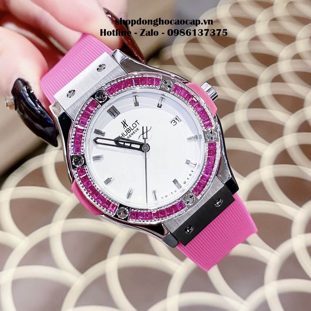 Đồng Hồ Hublot Classic Fusion Nữ Silicon Hồng Đính Đá 34mm