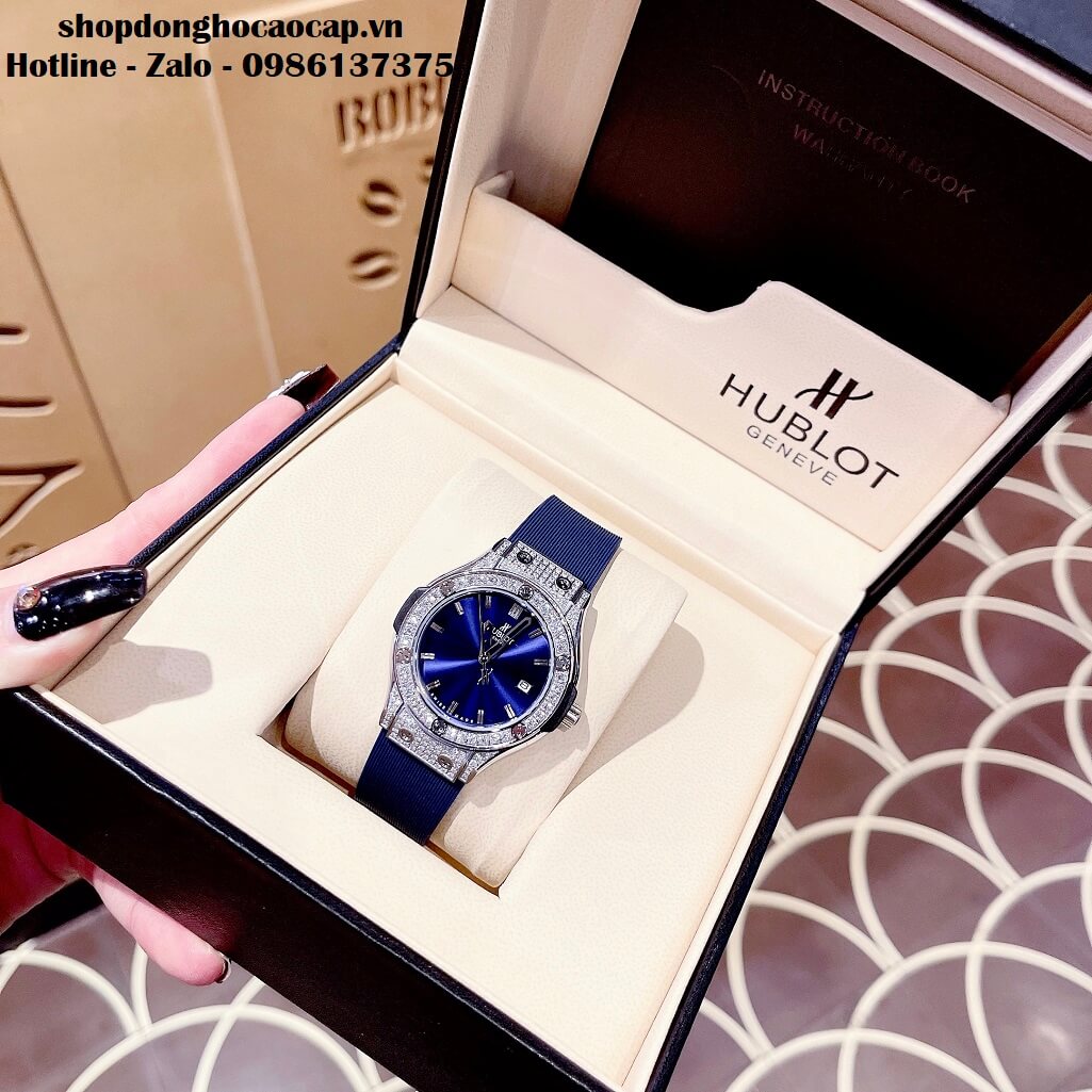 Đồng Hồ Hublot Classic Fusion Nữ Silicon Xanh Đính Đá 34mm