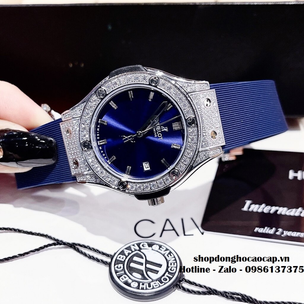 Đồng Hồ Hublot Classic Fusion Nữ Silicon Xanh Đính Đá 34mm