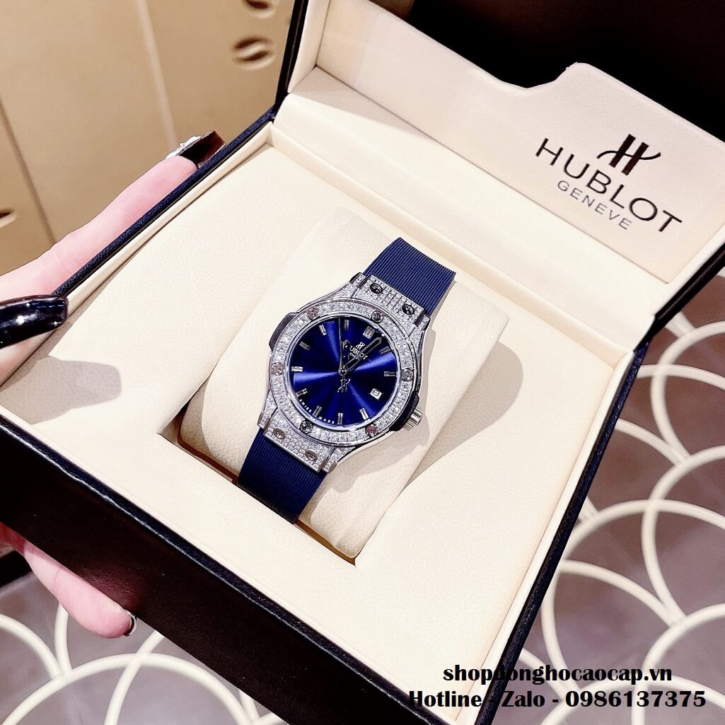 Đồng Hồ Hublot Classic Fusion Nữ Silicon Xanh Đính Đá 34mm