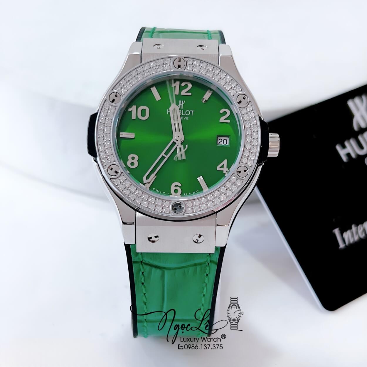 Đồng Hồ Hublot Classic Fusion Nữ Đính Đá Dây Da Silicon Xanh Vỏ Silver 34mm