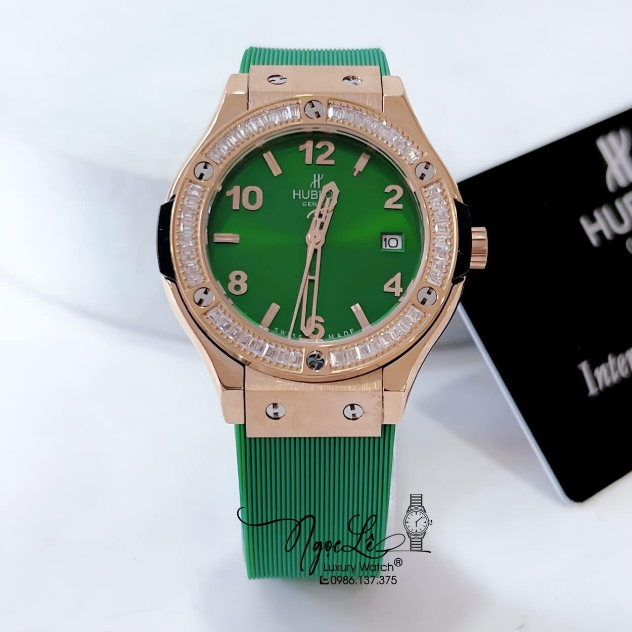 Đồng Hồ Hublot Classic Fusion Nữ Đính Đá Dây Silicon Xanh Lá Vỏ Rose Size 34mm