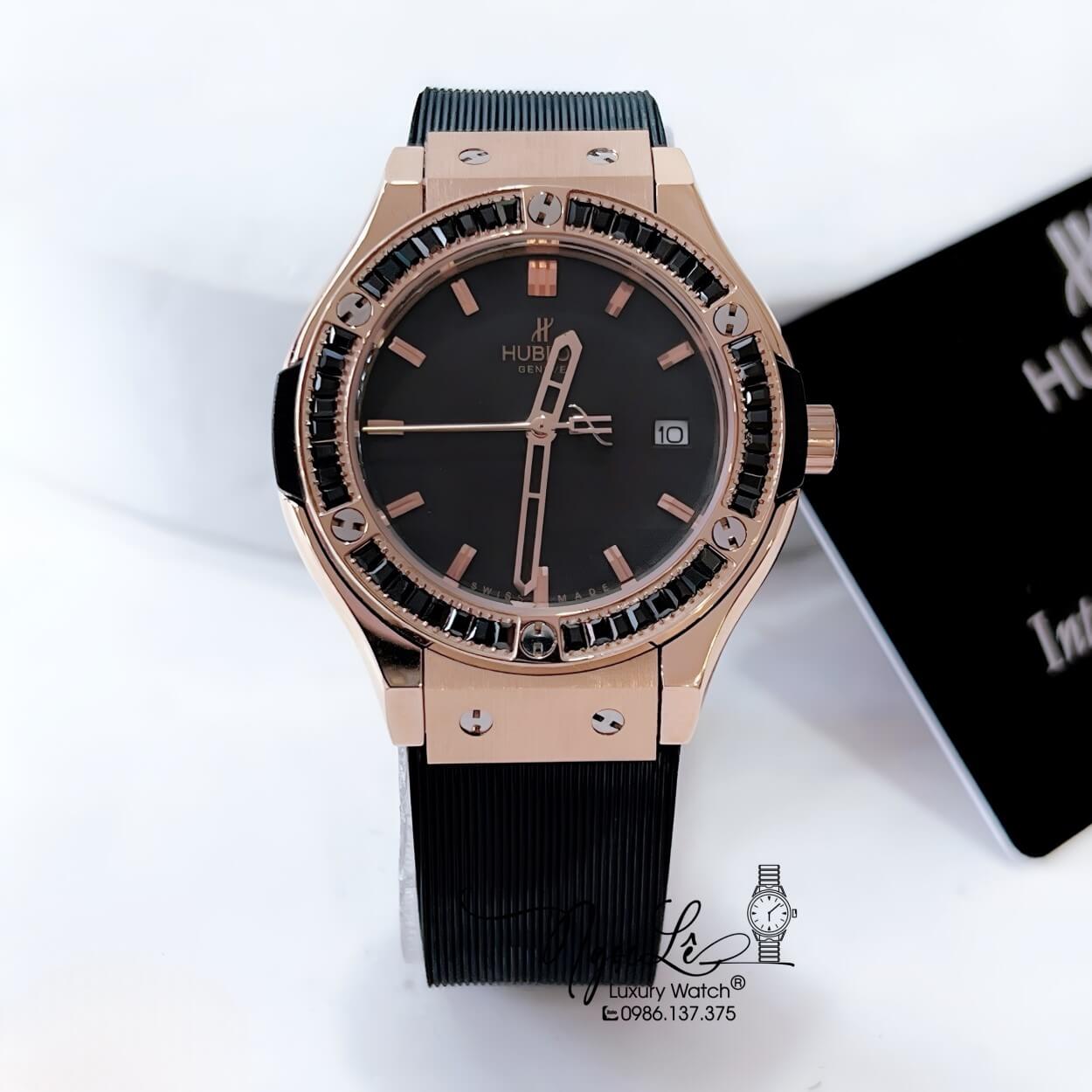 Đồng Hồ Hublot Classic Fusion Nữ Đính Đá Đen Dây Silicon Đen Vỏ Rose Size 34mm