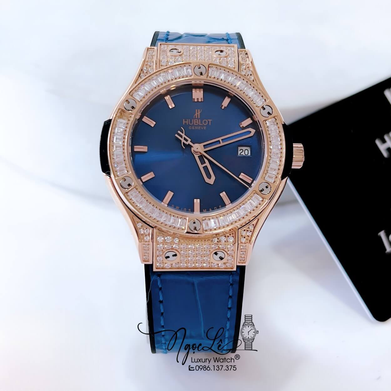 Đồng Hồ Hublot Classic Fusion Nữ Đính Đá Ống Dây Da Silicon Xanh Navy Vỏ Rose Size 34mm