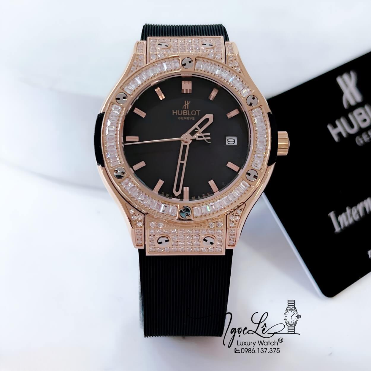 Đồng Hồ Hublot Classic Fusion Nữ Đính Đá Ống Dây Silicon Đen Vỏ Rose Size 34mm