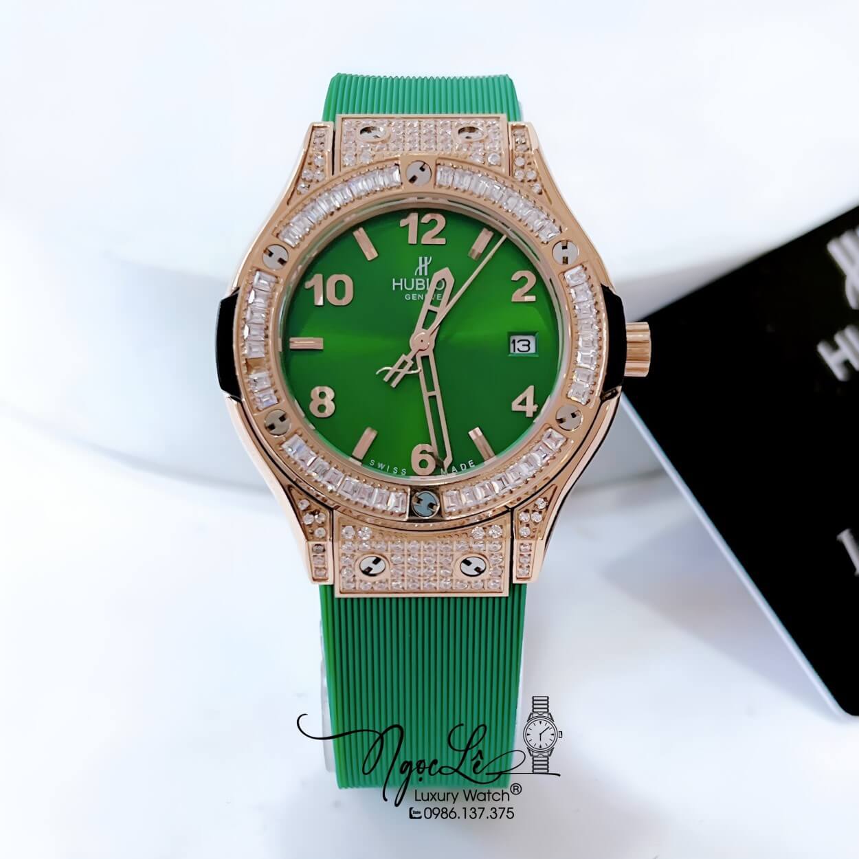 Đồng Hồ Hublot Classic Fusion Nữ Đính Đá Ống Dây Silicon Xanh Lá Vỏ Rose Size 34mm