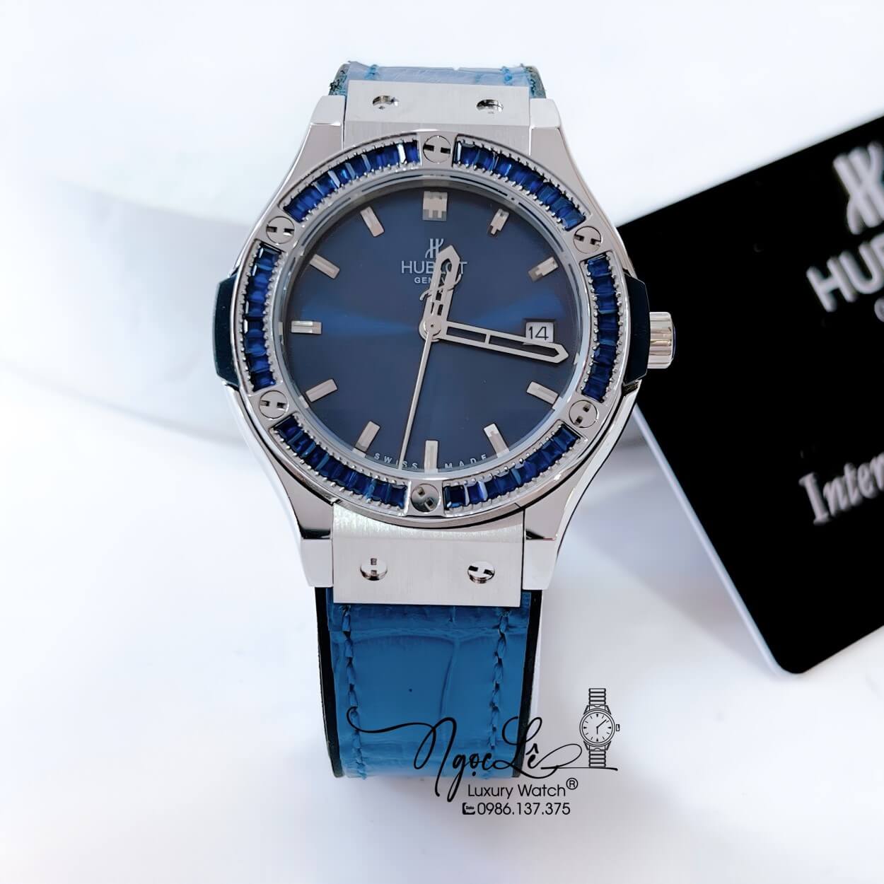 Đồng Hồ Hublot Classic Fusion Nữ Dây Da Silicon Xanh Navy Đính Đá Xanh Size 34mm