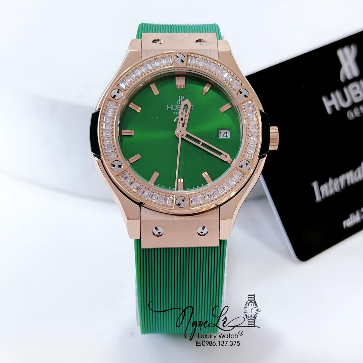 Đồng Hồ Hublot Classic Fusion Nữ Đính Đá Dây Silicon Xanh Lá Vỏ Rose Size 34mm