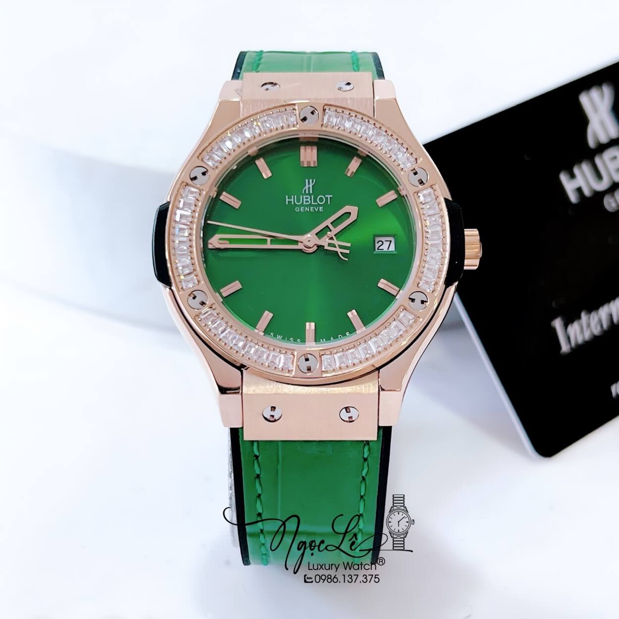 Đồng Hồ Hublot Classic Fusion Nữ Đính Đá Dây Da Silicon Xanh Lá Vỏ Rose Size 34mm