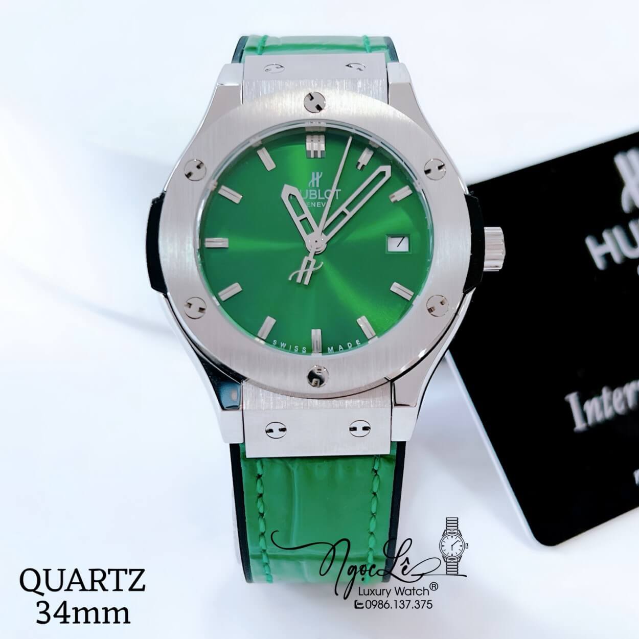 Đồng Hồ Hublot Classic Fusion Nữ Dây Da Silicon Xanh Lá Niềng Trơn Vỏ Silver Size 34mm