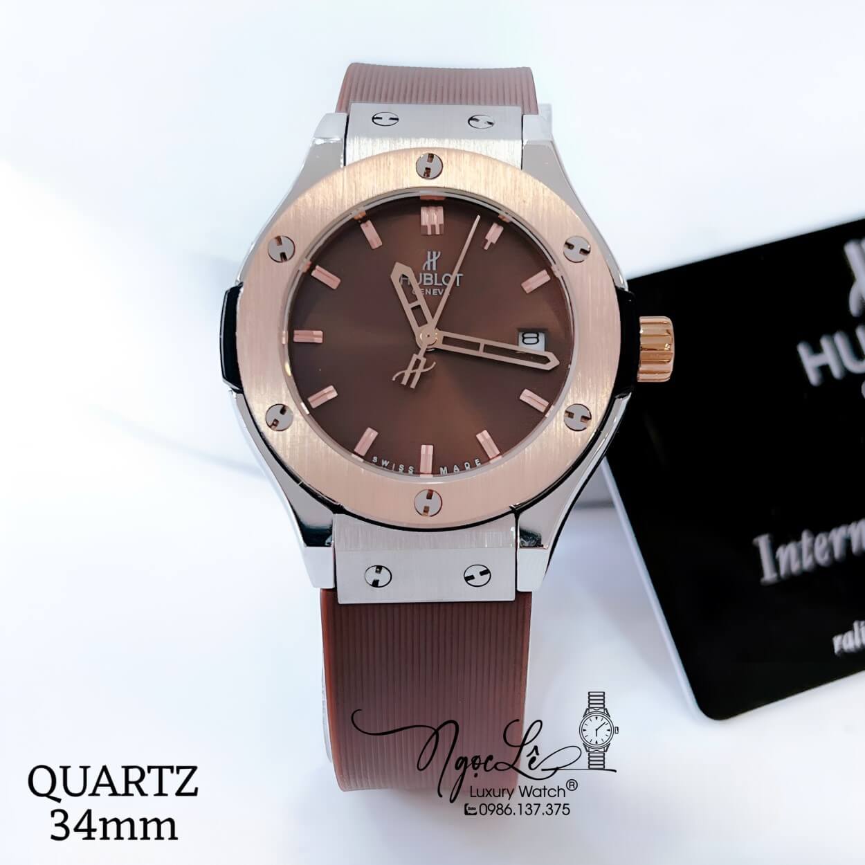 Đồng Hồ Hublot Classic Fusion Nữ Dây Silicon Nâu Niềng Trơn Demi Rose Size 34mm