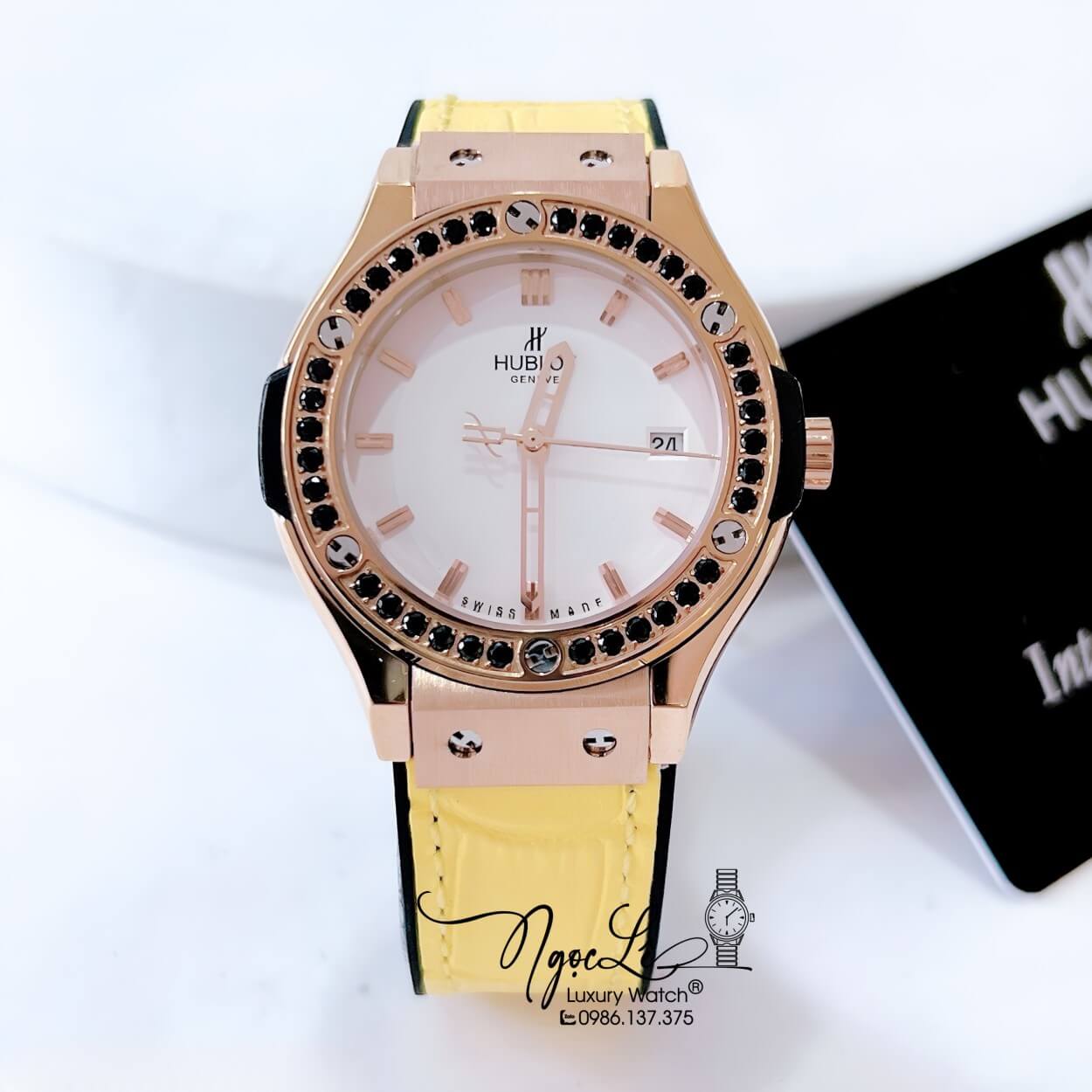 Đồng Hồ Hublot Classic Fusion Nữ Đính Đá Dây Da Silicon Vàng Vỏ Rose Size 34mm