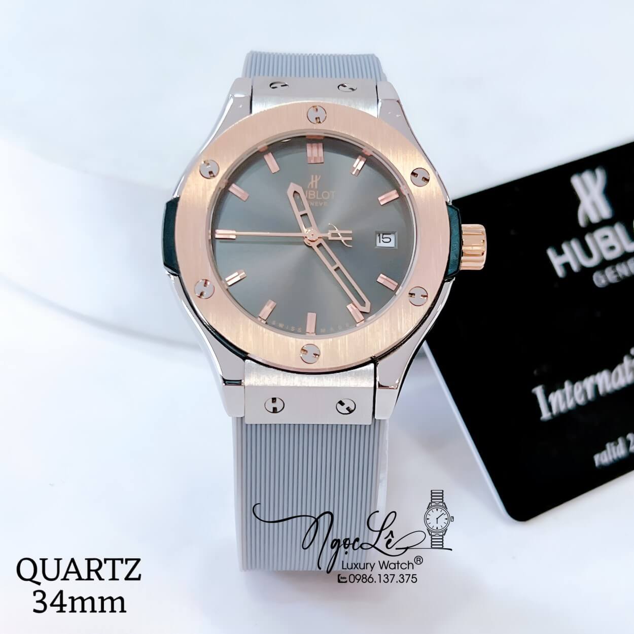 Đồng Hồ Hublot Classic Fusion Nữ Dây Silicon Xám Niềng Trơn Vỏ Thép Demi Rose Size 34mm