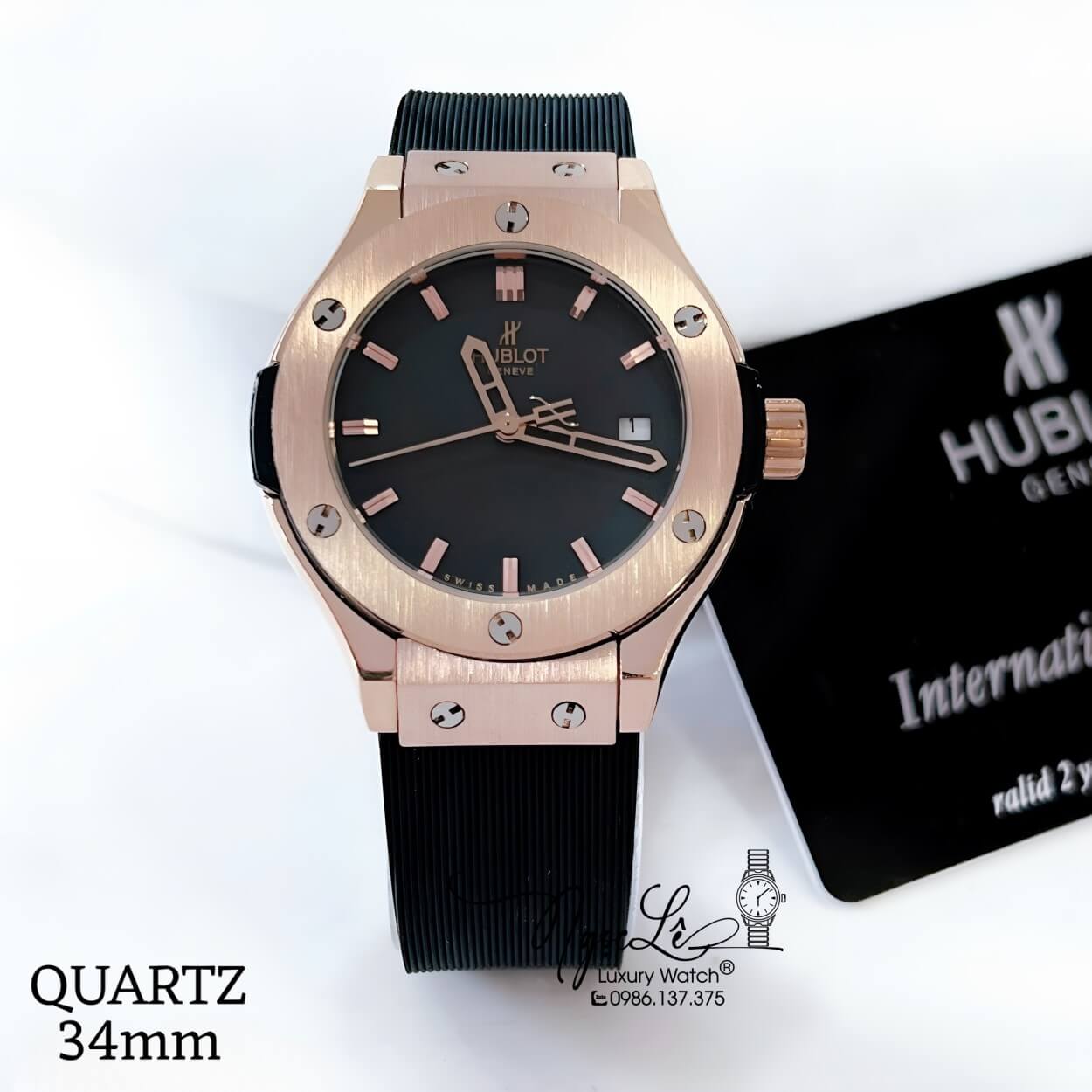 Đồng Hồ Hublot Classic Fusion Nữ Dây Silicon Đen Niềng Trơn Vỏ Rose Size 34mm