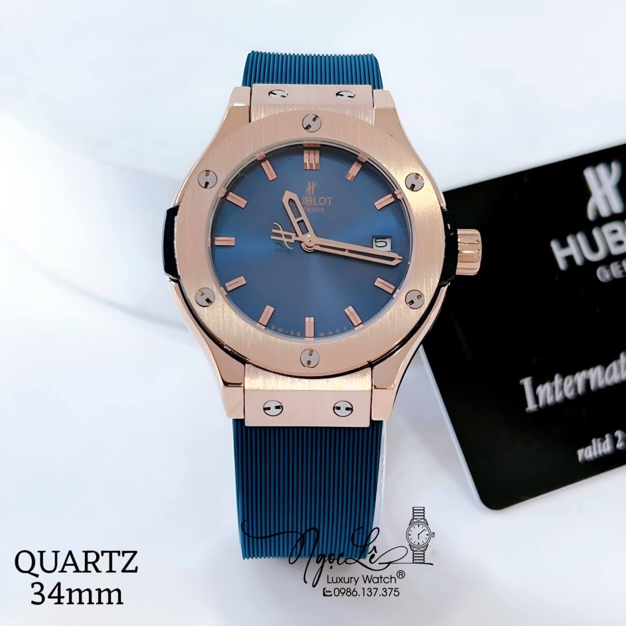 Đồng Hồ Hublot Classic Fusion Nữ Dây Silicon Xanh Navy Niềng Trơn Vỏ Rose Size 34mm