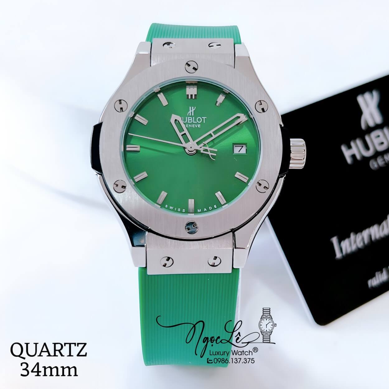 Đồng Hồ Hublot Classic Fusion Nữ Dây Silicon Xanh Lá Niềng Trơn Vỏ Silver Size 34mm