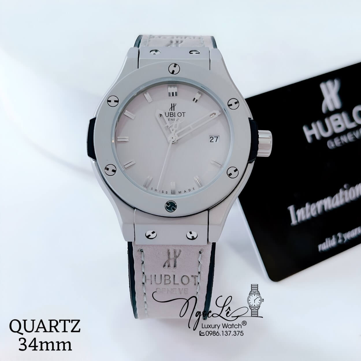 Đồng Hồ Hublot Classic Fusion Nữ Dây Da Silicon Xám Niềng Trơn Vỏ Thép Mờ Size 34mm