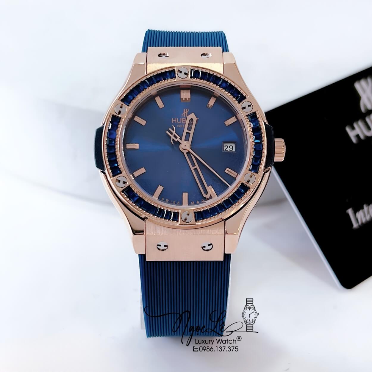 Đồng Hồ Hublot Classic Fusion Nữ Đính Đá Xanh Dây Silicon Xanh Navy Vỏ Rose 34mm