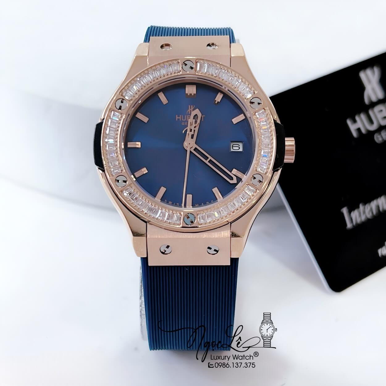 Đồng Hồ Hublot Classic Fusion Nữ Đính Đá Dây Silicon Xanh Navy Vỏ Rose 34mm